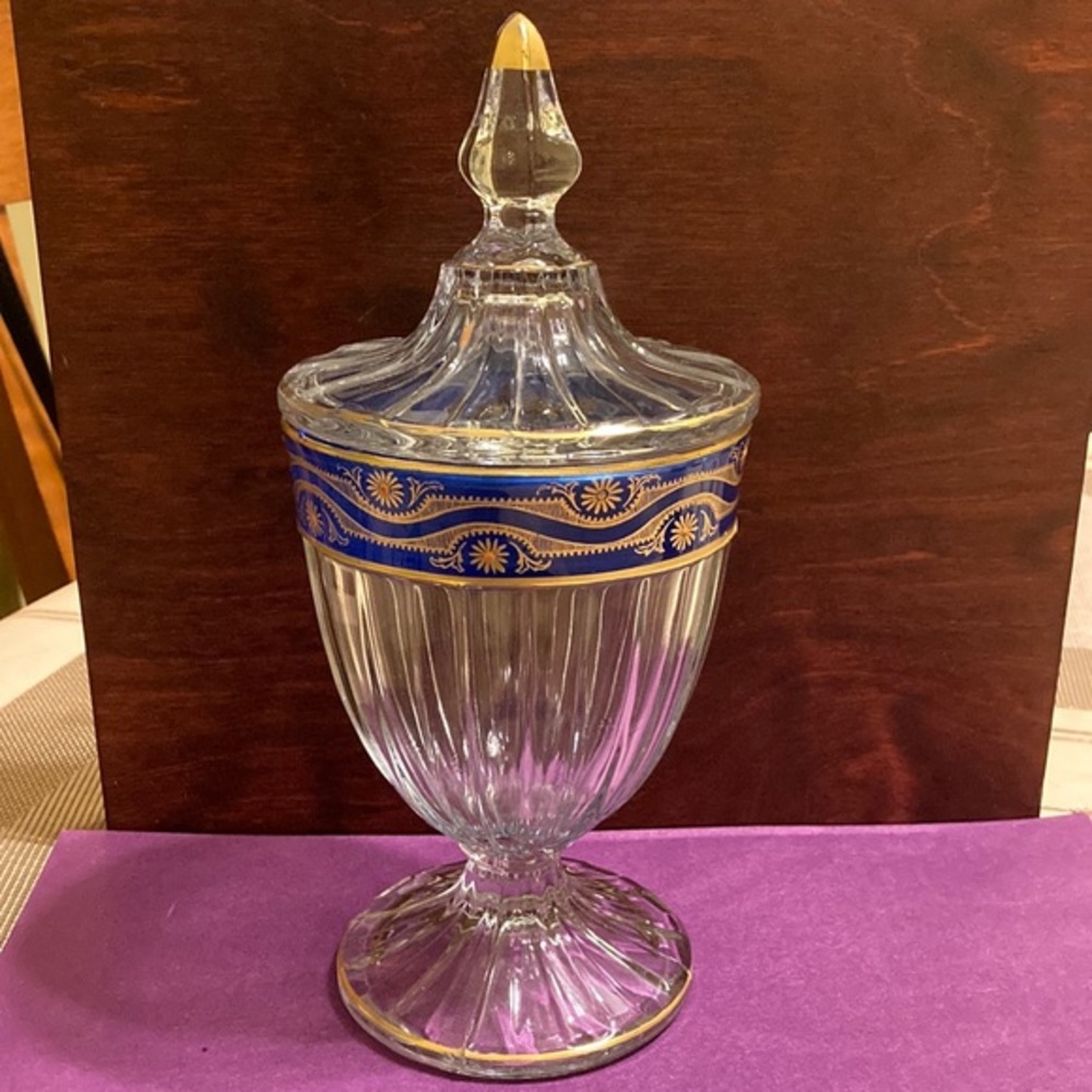 VTG Heisey hand painted cobalt blue/gilded glass lidded candy/apothecary jar